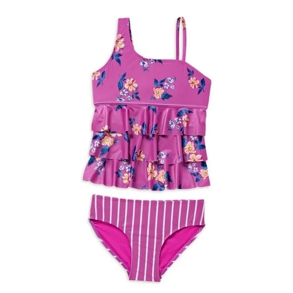 Justice sz large 12/14 two piece tankini swimsuit new with tags pink floral - Picture 3 of 6